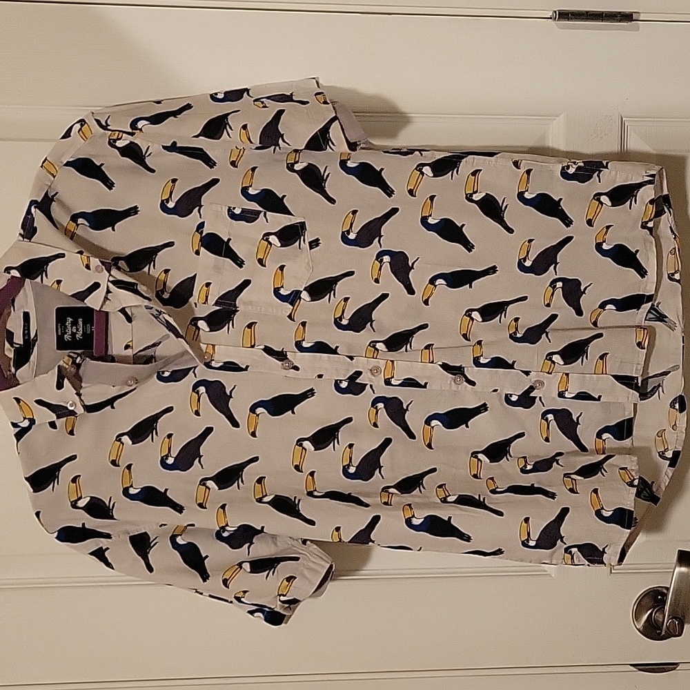 Men's Bird Print Casual Button Down Shirts - Light Blue and Cream - Picture 6 of 9